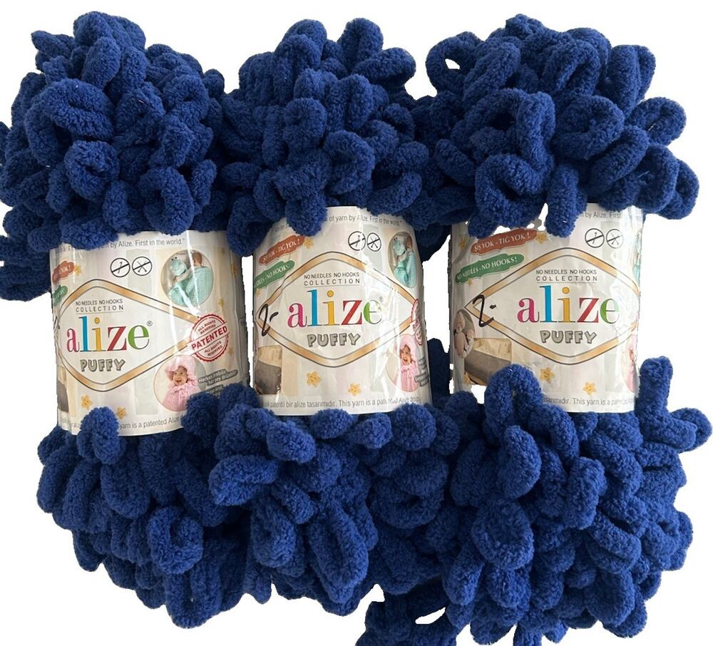 Alize Puffy Yarn Lot Of 3 Skeins Finger Loop Knitting Blanket Scarf Blue #360
